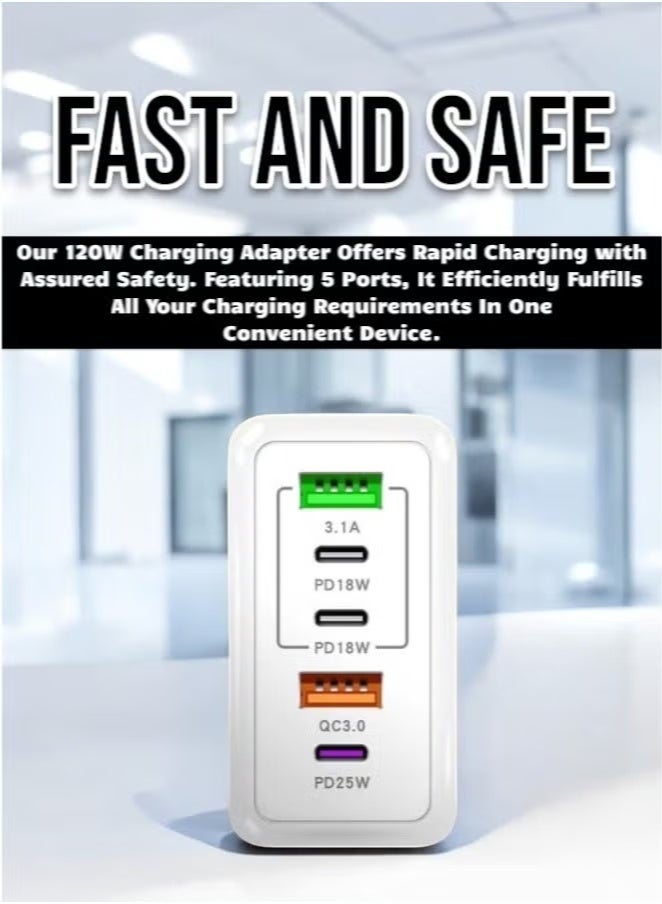 ای زون شاحن سريع من النوع C بقوة 120 واط بتقنية الشحن السريع PD QC 3.0 (أبيض)، مزود بخمسة منافذ USB A وUSB C، متوافق مع هواتف سامسونج جالاكسي S23/S22، وآيفون 15/14/13 برو ماكس، وماك بوك، وآيباد، وأجهزة الكمبيوتر المحمولة، وون بلس. - Image 3